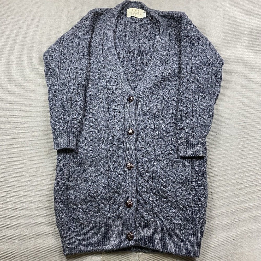 Aran Sweater Market Sweater Womens Medium‎ Blue Cable Knit Wool Long Cardigan